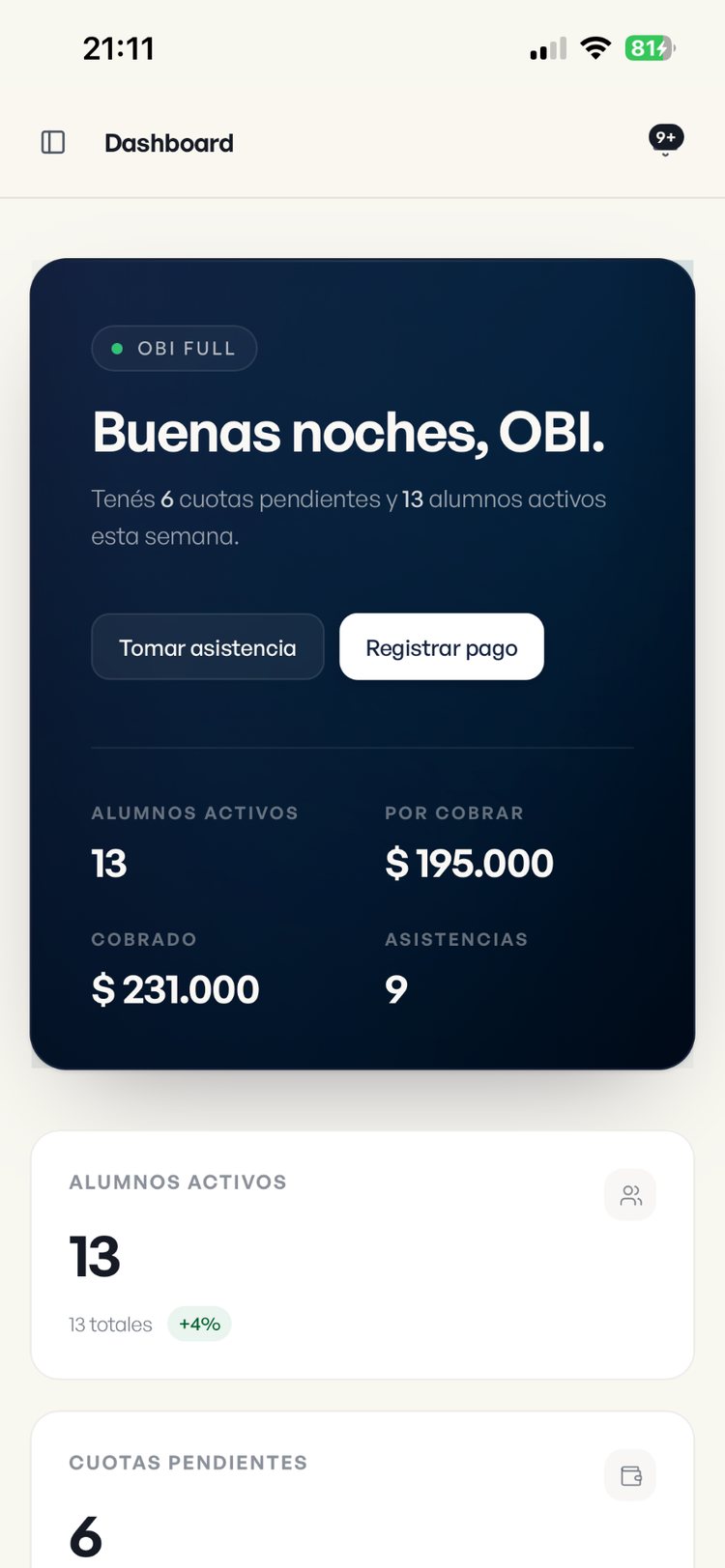 Dashboard de OBI en móvil